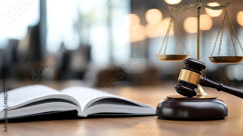 Obraz na płótnie A close-up of a gavel and scales on a wooden desk beside an open law book. The background features blurred lights, conveying a professional atmosphere in a legal setting. w salonie