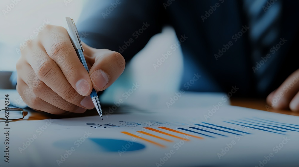 A close-up of a professional hand holding a pen, analyzing financial graphs and charts on a desk. This image represents strategy, analysis, and decision-making in business.