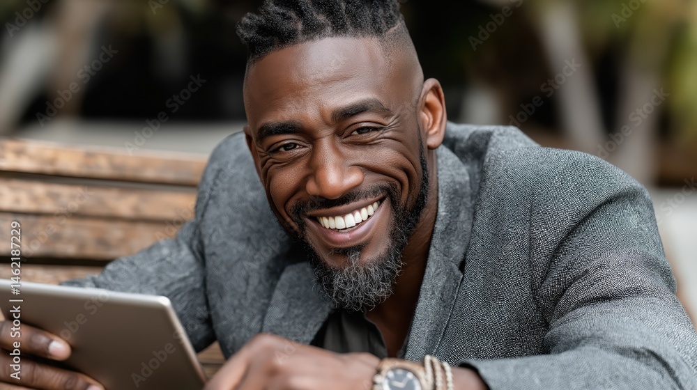 Businessman enjoys technology outdoors while smiling on a park bench during a sunny afternoon