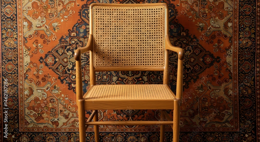 A light wood chair with a cane seat and back sits against a richly patterned rug.