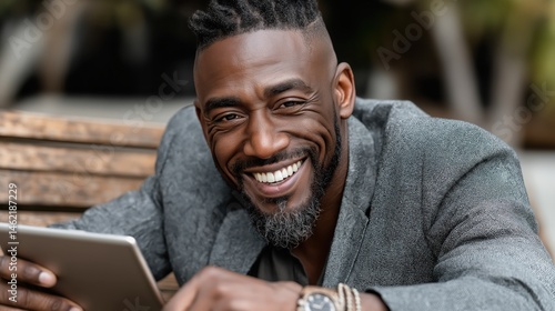Businessman enjoys technology outdoors while smiling on a park bench during a sunny afternoon