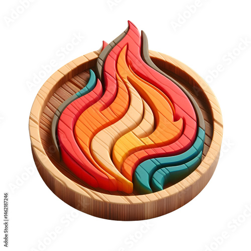 3D colorful fire icon with wooden texture isolated on white background