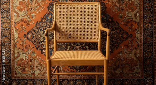 Obraz na płótnie A light wood chair with a cane seat and back sits against a richly patterned rug. w salonie