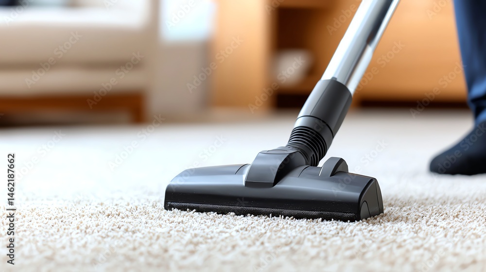 A close-up view of a vacuum cleaner in action on a plush carpet, highlighting the cleaning process in a modern home environment. Ideal for cleaning and home improvement themes.