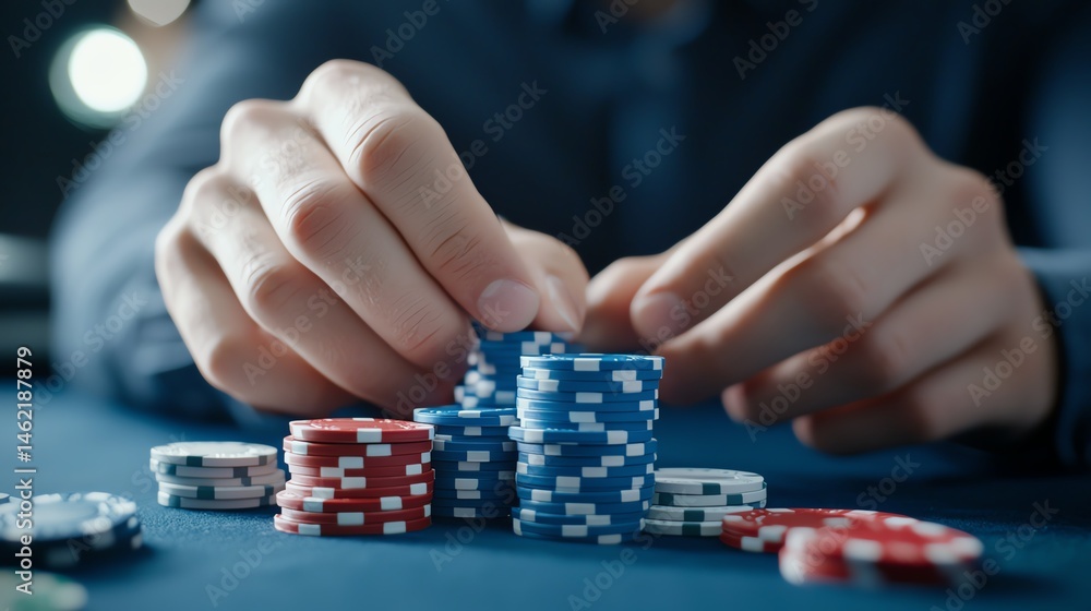 A close-up view of hands stacking poker chips, showcasing the excitement and strategy involved in card games