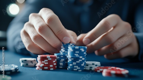 Obraz na płótnie A close-up view of hands stacking poker chips, showcasing the excitement and strategy involved in card games w salonie