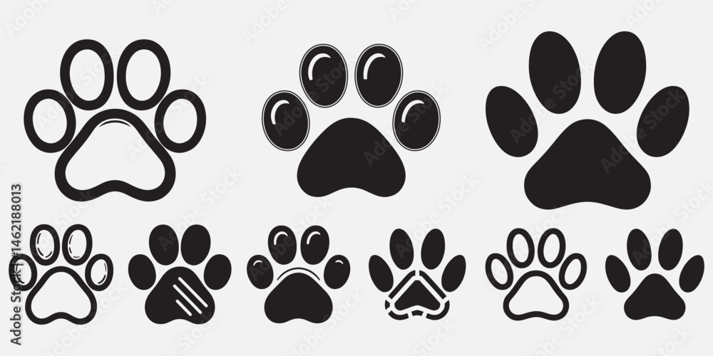 Fototapeta premium black paw print icons set with solid and outline styles on a white background 