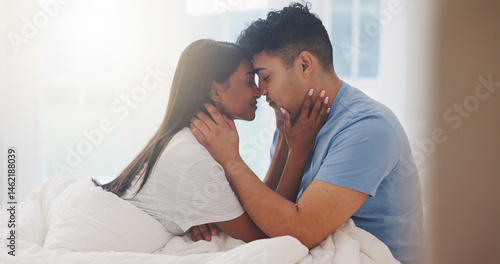 Εκτύπωση καμβά Couple, forehead touch and love in bedroom together, affection and bonding with commitment for trust at home