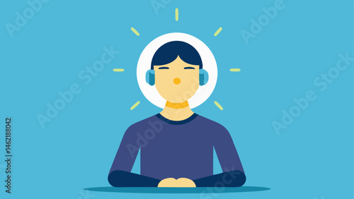 Inner Light A person meditating with their eyes closed headset on and a bright light emanating from their forehead depicting enlightenment and deep meditation.