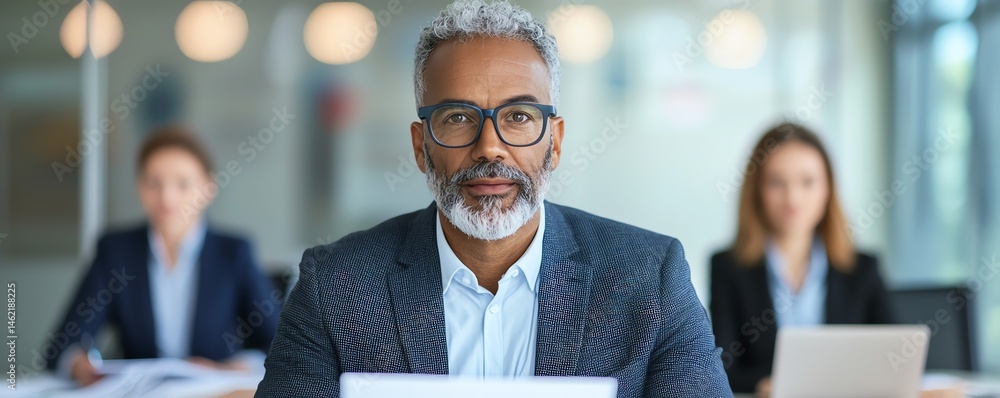 A confident businessman with gray hair wearing glasses, seated at a desk, engages in a meeting while coworkers work on laptops in the background, showcasing a professional atmosphe