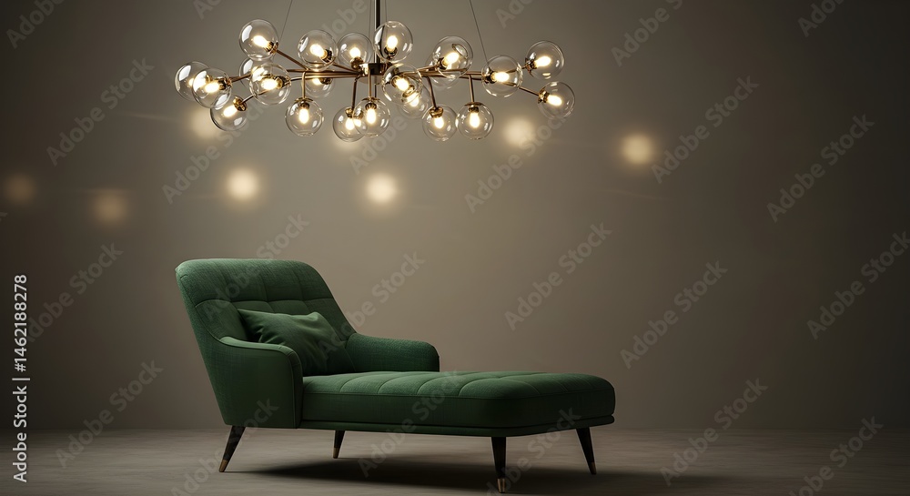 Elegant green chaise lounge under a modern glass sphere chandelier. Soft lighting creates a calm atmosphere.