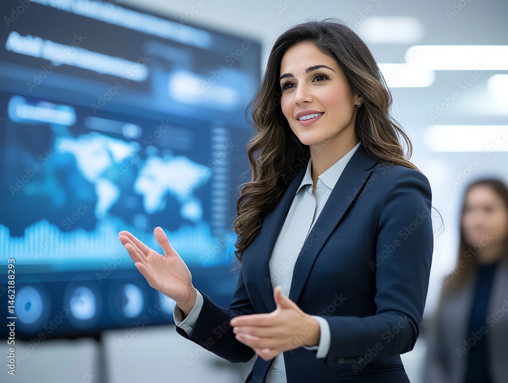 A confident businesswoman presents data and trends in a modern office environment, engaging her audience with a positive attitude and professional appearance.