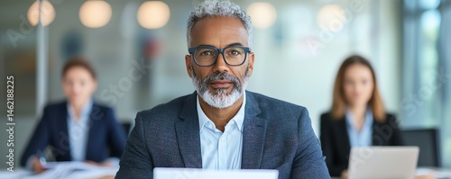 Obraz na płótnie A confident businessman with gray hair wearing glasses, seated at a desk, engages in a meeting while coworkers work on laptops in the background, showcasing a professional atmosphe w salonie