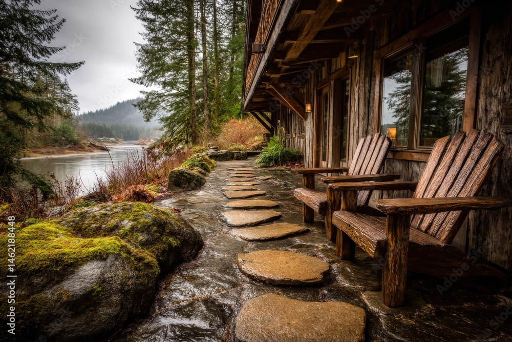 Obraz premium Cozy riverside cabin with rustic seating and nature views during overcast weather