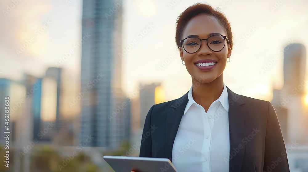 A confident professional woman smiles while holding a tablet, showcasing modern business attire against a vibrant city skyline during sunset.