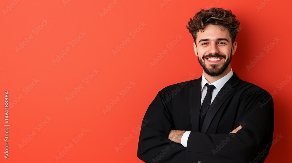 A confident young man in a suit and judicial robe stands with crossed arms, smiling against a vibrant orange background, exuding professionalism and approachability.