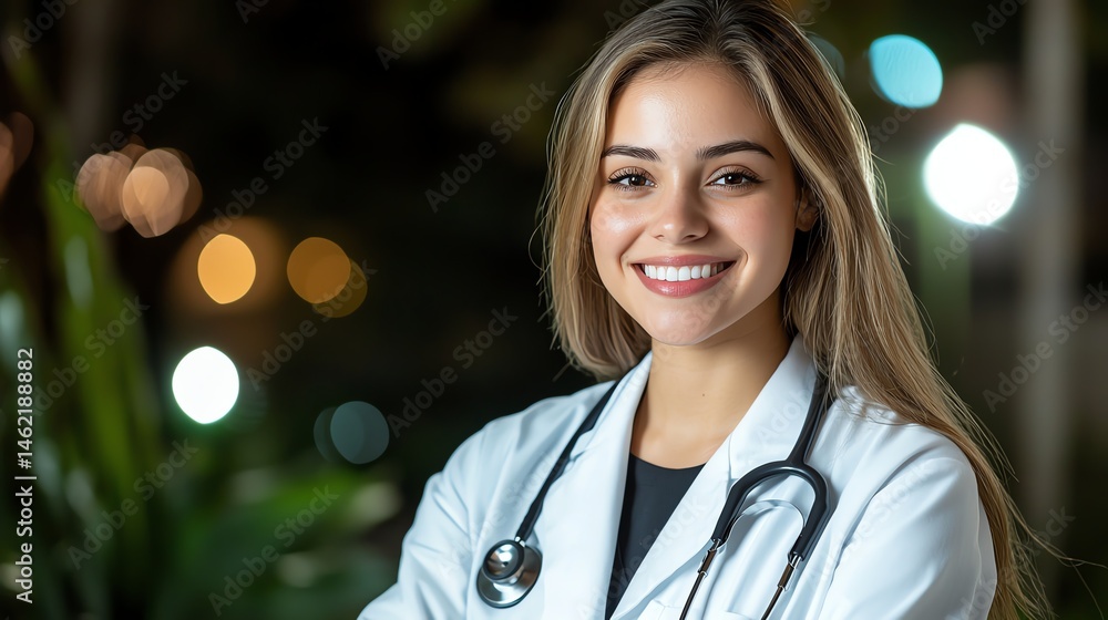 A confident young female doctor with a warm smile stands in a softly lit environment, showcasing professionalism and compassion in her medical practice.