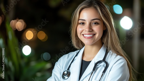 Obraz na płótnie A confident young female doctor with a warm smile stands in a softly lit environment, showcasing professionalism and compassion in her medical practice. w salonie