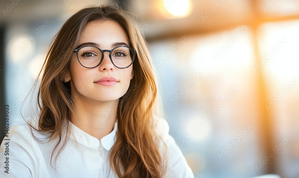 A confident young woman with long hair and glasses, sitting at a table and looking directly at the camera. The warm sunlight creates a cozy atmosphere in the background.