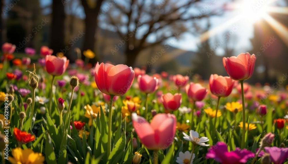 Obraz premium as the sun shines down on the meadow, the vibrant tulip blossoms seem to glow with an inner radiance, illuminating the surrounding grass and wildflowers.