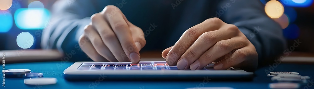 A focused individual uses a calculator on a gaming table, surrounded by poker chips and soft lighting. This image captures the essence of strategy and calculated risk in gambling.