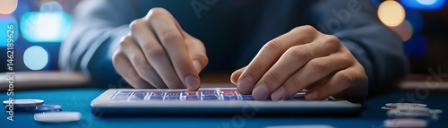 A focused individual uses a calculator on a gaming table, surrounded by poker chips and soft lighting. This image captures the essence of strategy and calculated risk in gambling.