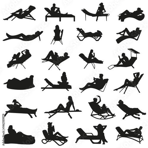 Set of silhouettes of people relaxing on the beach. Possibility of relaxing in any comfortable position.