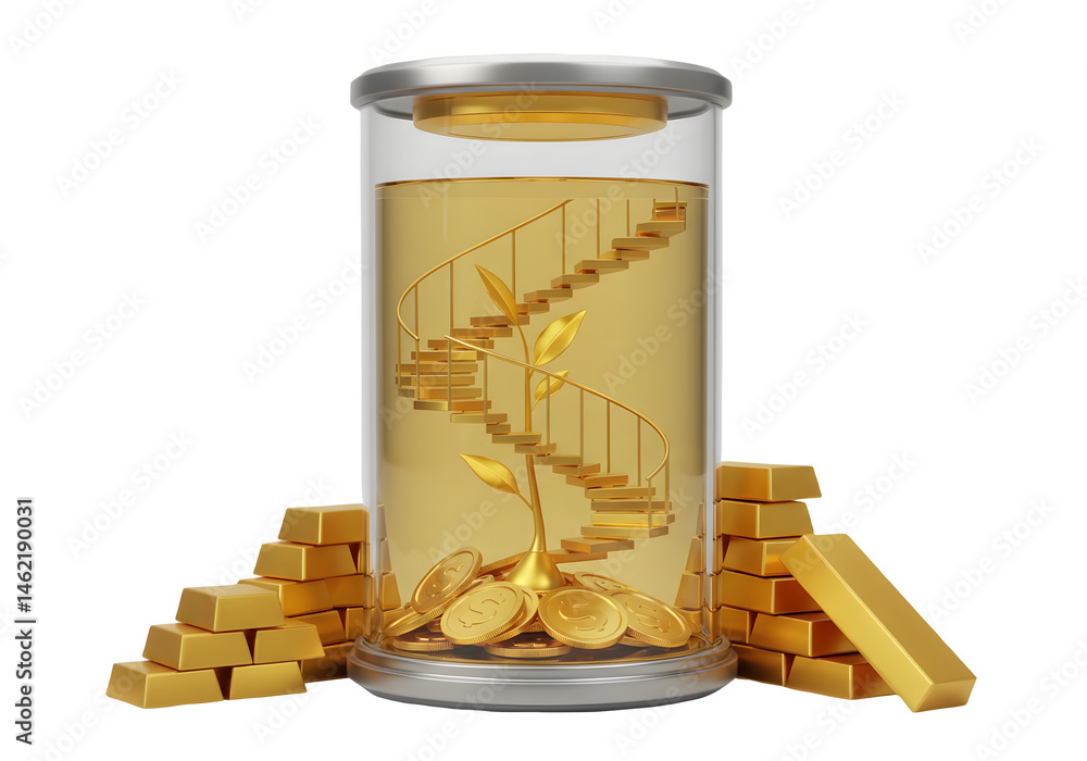 Golden staircase growing from coins inside a glass jar, symbolizing wealth and growth. Surrounded by gold bars.