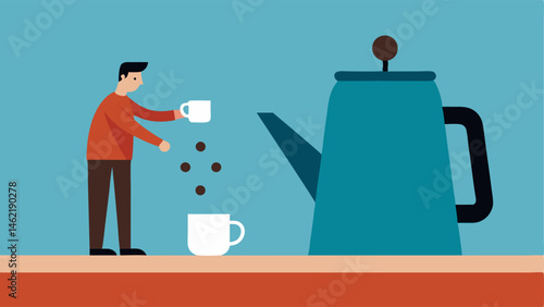 Overwhelmed Perspective A tiny figure stands on a kitchen counter gripping a large coffee pot as they tilt it over a colossal coffee cup. The mug is so enormous that the tiny human