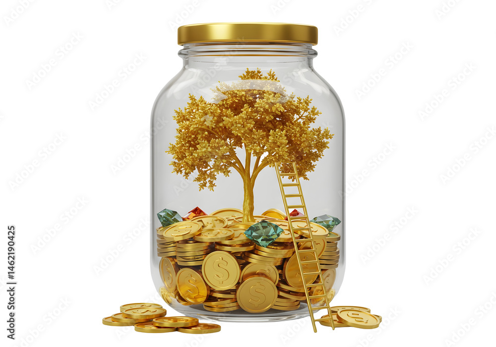 Golden tree growing from a pile of coins inside a glass jar. A golden ladder leans against the tree.