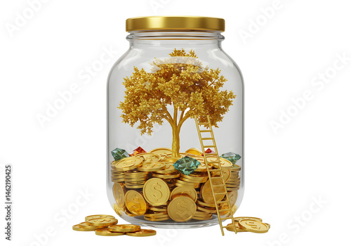 Obraz na płótnie Golden tree growing from a pile of coins inside a glass jar. A golden ladder leans against the tree. w salonie