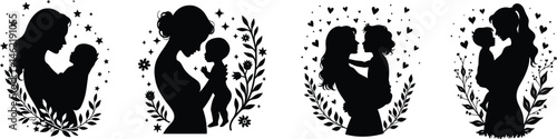 Silhouette of mother holding infant in arms with decorative leafy branches and scattered stars surrounding them, portraying a tender gaze and nurturing bond, Concept of newborn care, motherhood and em