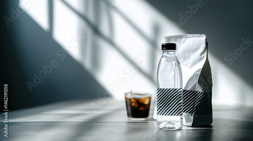 White coffee bag with black stripes positioned next to an iced bottle for modern product photography