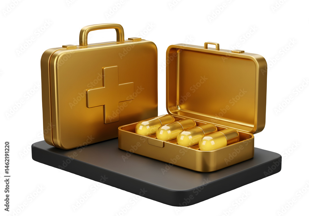 Golden first-aid kits and pills. Luxury healthcare concept.