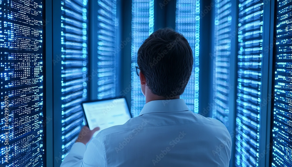 A professional interacts with advanced data servers in a high-tech environment, showcasing the importance of data management and cybersecurity in today's digital age.