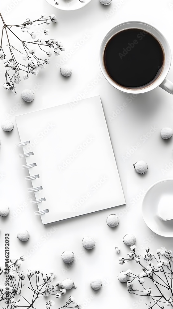 Fototapeta premium Monochromatic Flatlay, Blank Notepad, Coffee, Flowers
