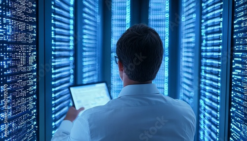 Obraz na płótnie A professional interacts with advanced data servers in a high-tech environment, showcasing the importance of data management and cybersecurity in today's digital age. w salonie