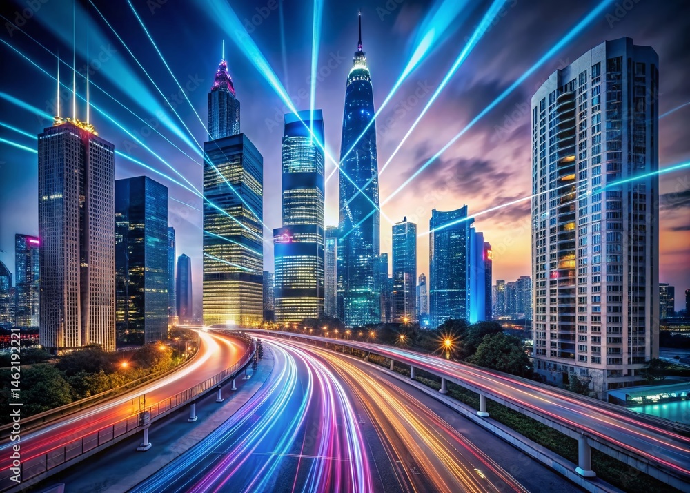 Fototapeta premium Futuristic Cityscape: Light Trails & Digital Connections - Stock Photo