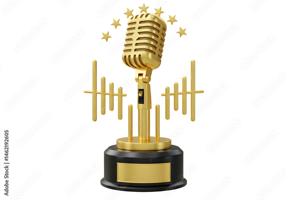 Golden microphone award trophy. A symbol of achievement in broadcasting or singing.