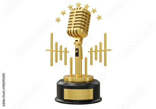 Obraz na płótnie Golden microphone award trophy. A symbol of achievement in broadcasting or singing. w salonie