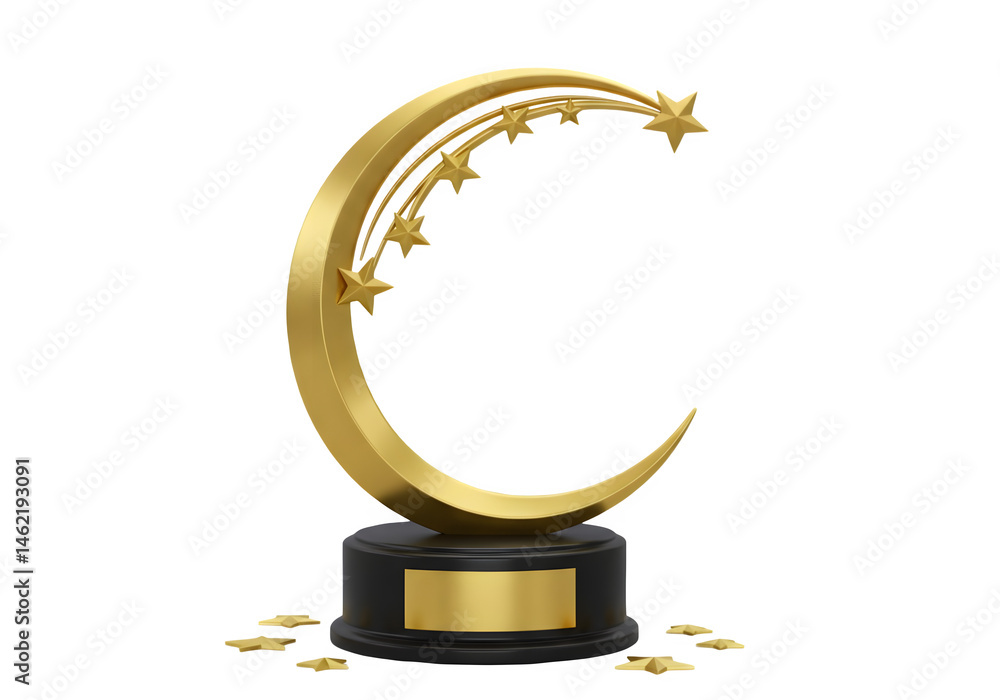 Golden crescent moon trophy with stars. Achievement award.