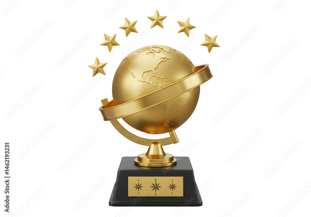 Golden globe trophy with stars, signifying excellence and global reach.