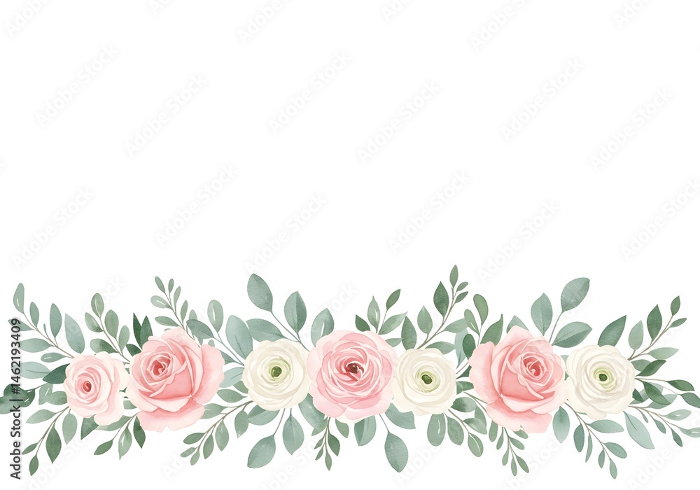 Elegant watercolor floral arrangement with blush pink roses and white flowers. Perfect for invitations or decor.