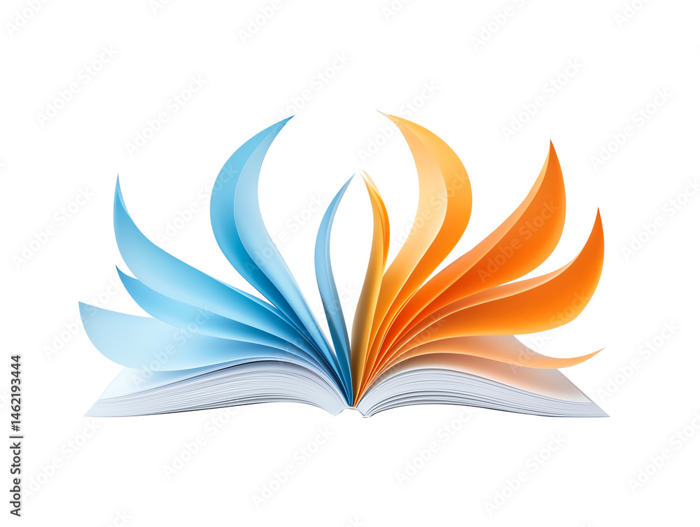 An artistic representation of an open book with vibrant blue and orange pages, symbolizing creativity, knowledge, and inspiration. Ideal for educational and creative projects.