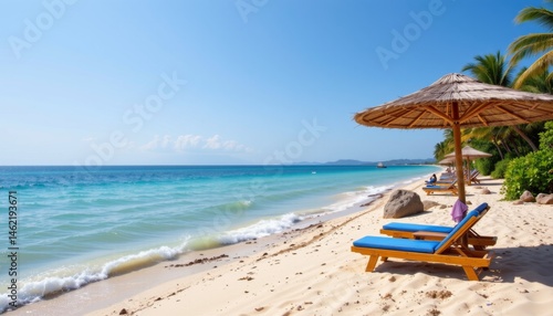 the tranquil seascape paints a serene picture of a tranquil beach with azure waters, making it an ideal destination for a rejuvenating summer vacation.