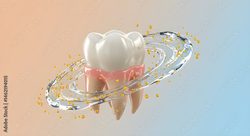 Clean, healthy tooth surrounded by water droplets. Oral hygiene concept.