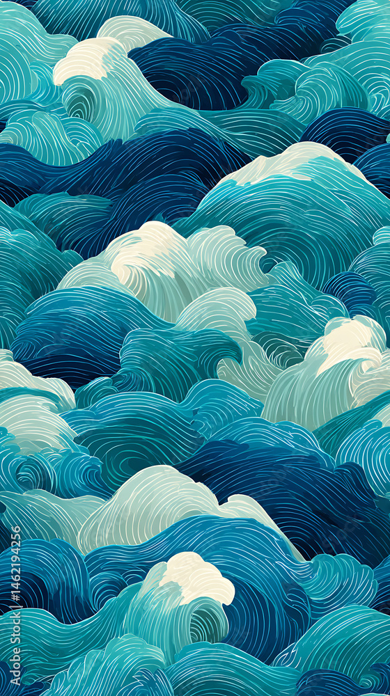 Obraz premium Stylized ocean waves in vibrant blue hues.