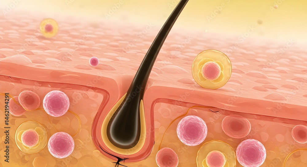 Microscopic view of hair follicle and skin cells.