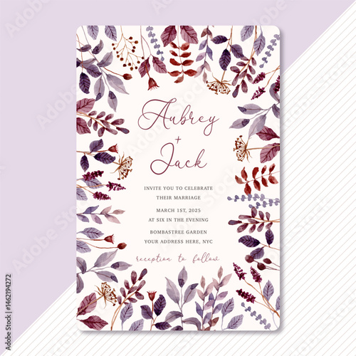 wedding invitation card with purple brown wildflower and leaves watercolor frame