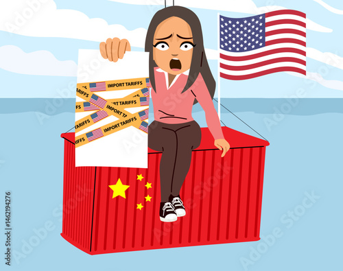 Cartoon illustration of a shocked woman sitting on shipping containers with USA and China flags. Vector drawing concept of import tariffs, trade disruption and economic impact